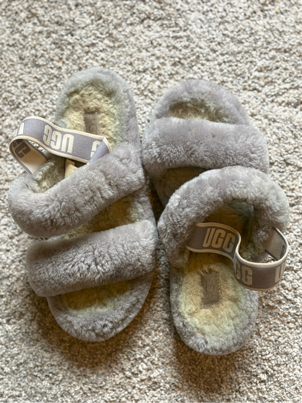 UGG Plush Shearling Slide Sandals in Light Gray with Logo Strap